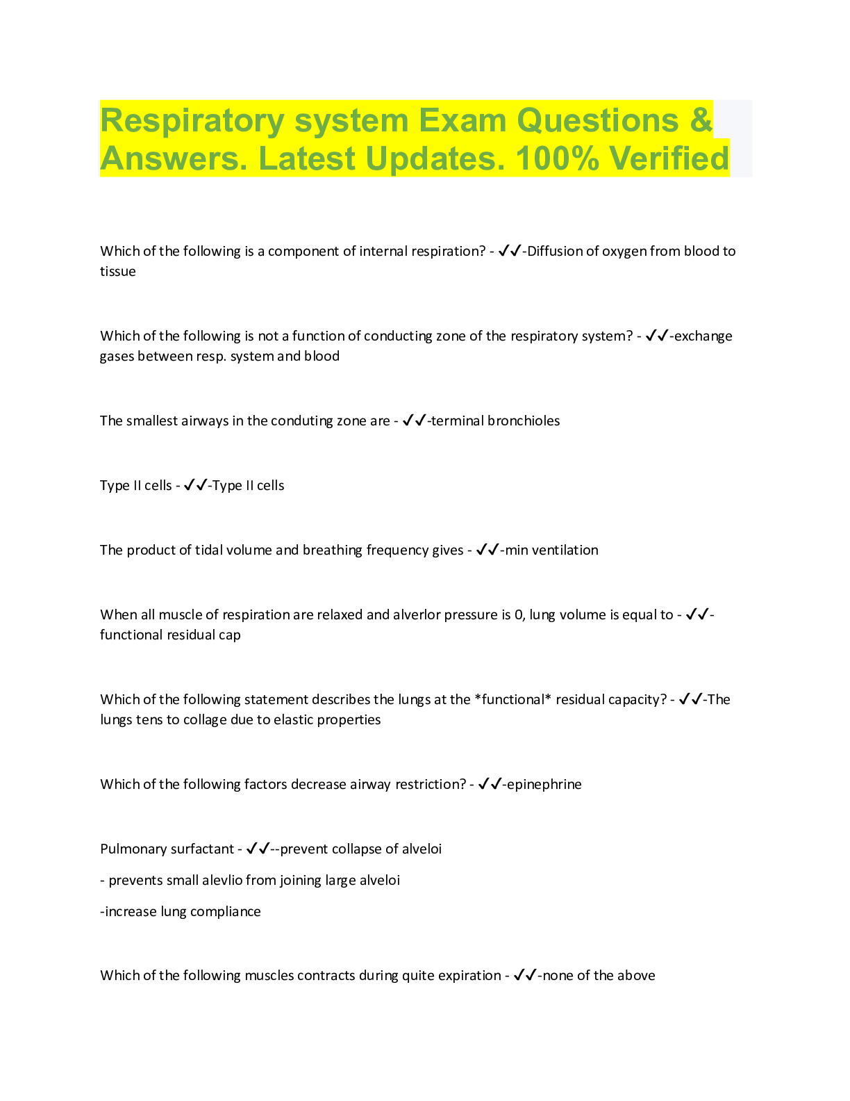 Preview image for Respiratory system Exam Questions &  Answers. Latest Updates. 100% Verified